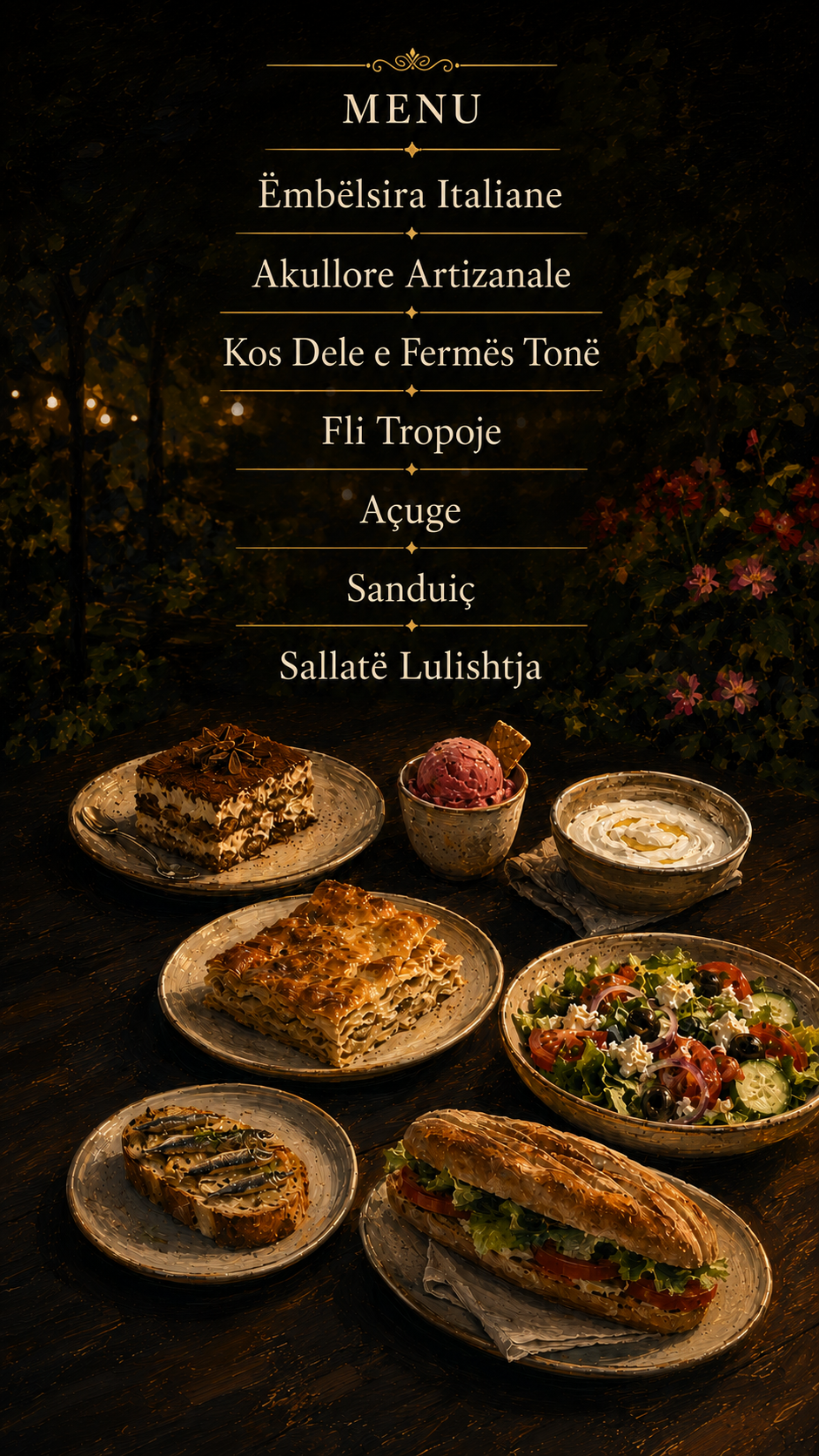 Menu e Te Lulishtja: Ëmbëlsira Italiane, Akullore Artizanale, Kos Dele e Fermës Tonë, Fli Tropoje, Açuge, Sanduiç, Sallatë Lulishtja